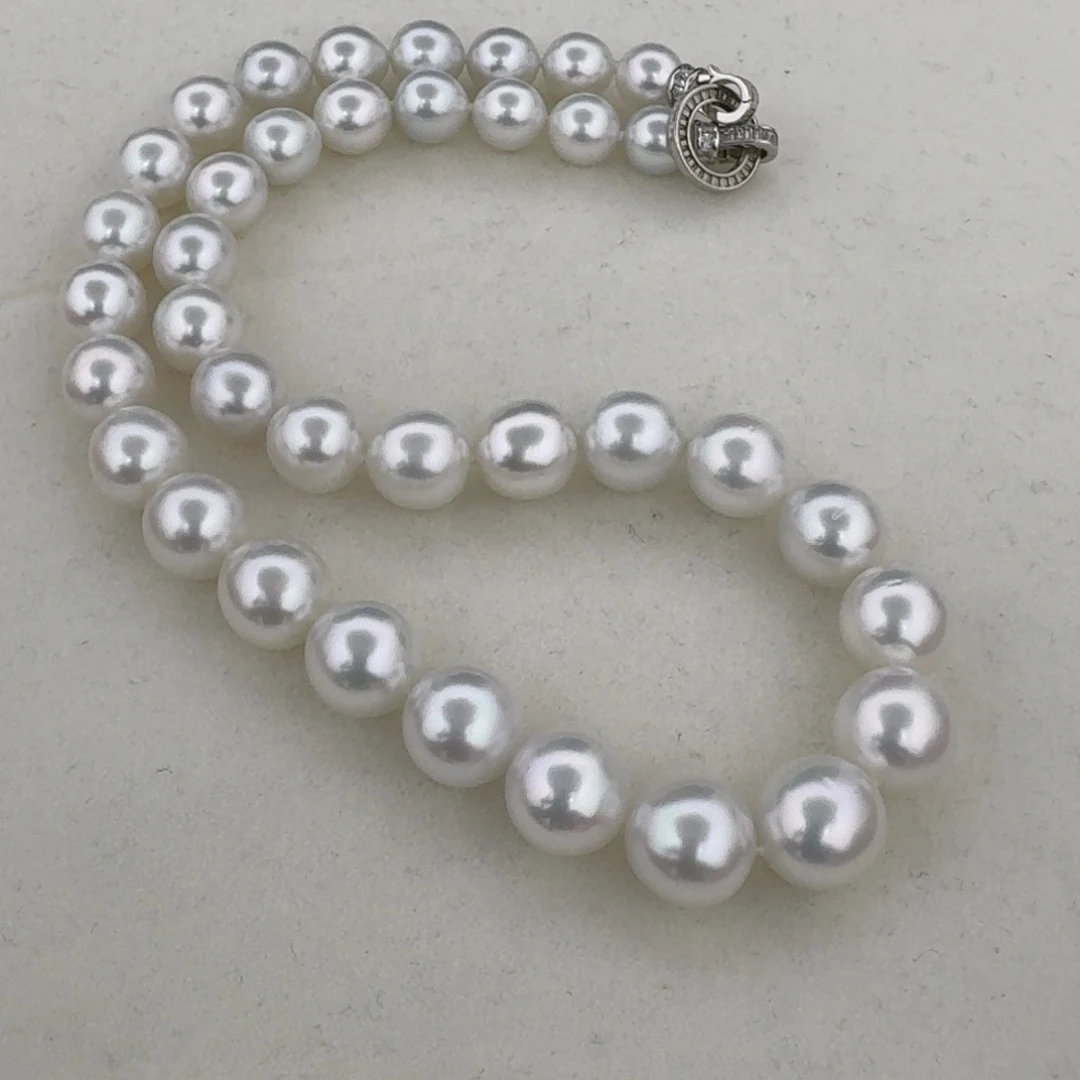 海水珍珠颈饰银S925镶嵌澳白珠串银蓝光宝石光微瑕9-11.8mm