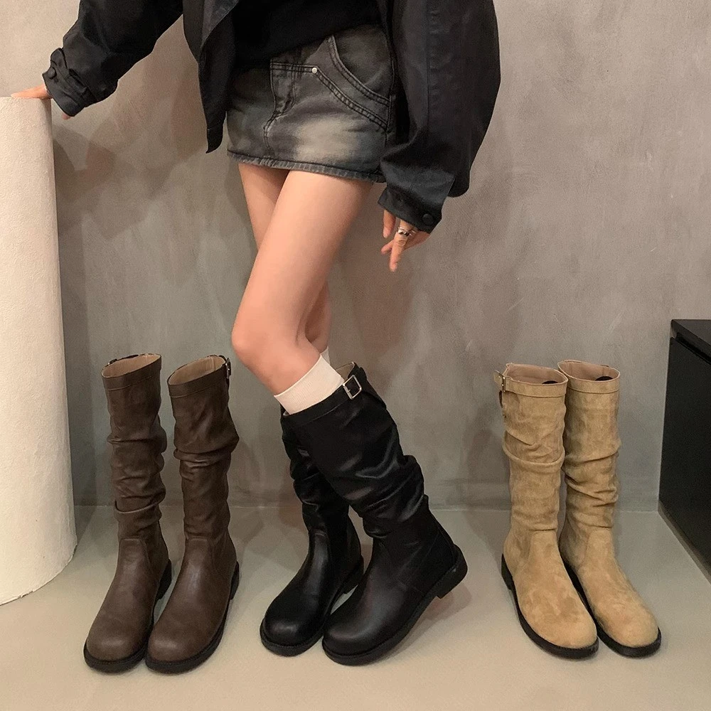 堆堆靴设计感粗跟高筒马丁靴女靴法式早秋绒面卡其色瘦瘦靴骑士靴