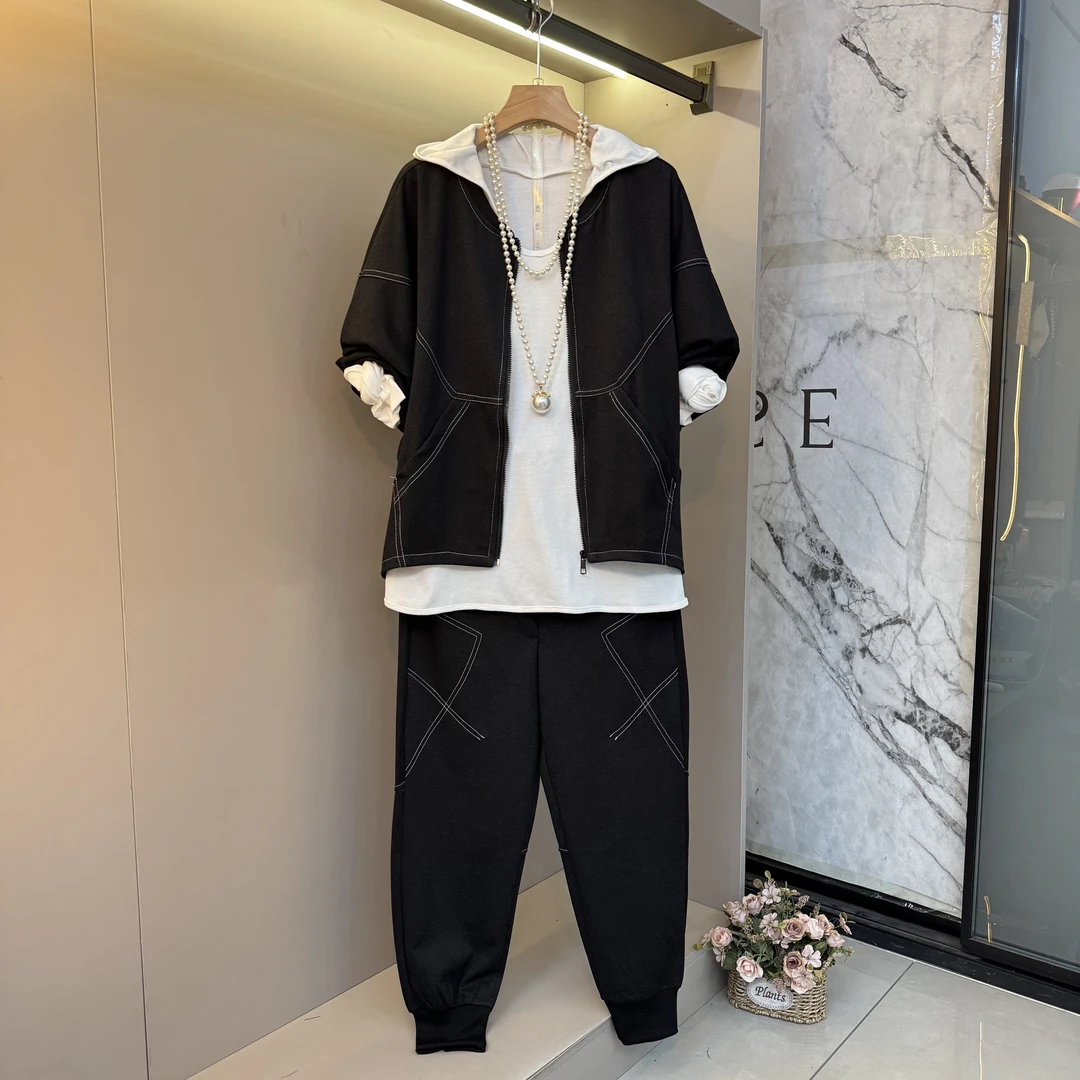 胖mm休闲宽松开衫大卫衣2025秋季新款大码女装束脚休闲裤子套装