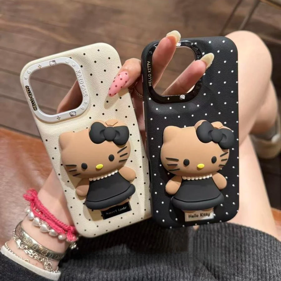 可爱皮纹气垫波点黑裙kitty适用苹果16promax手机壳15保护套1413
