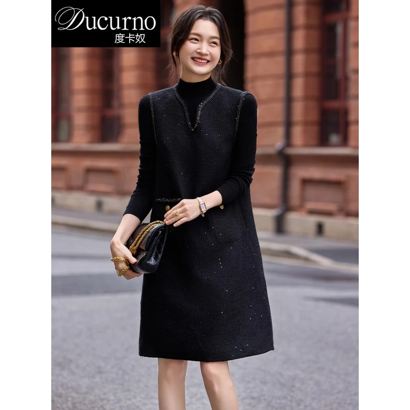 亮片黑色V领背心连衣裙女2025春秋季新款时尚气质中长款显瘦裙子