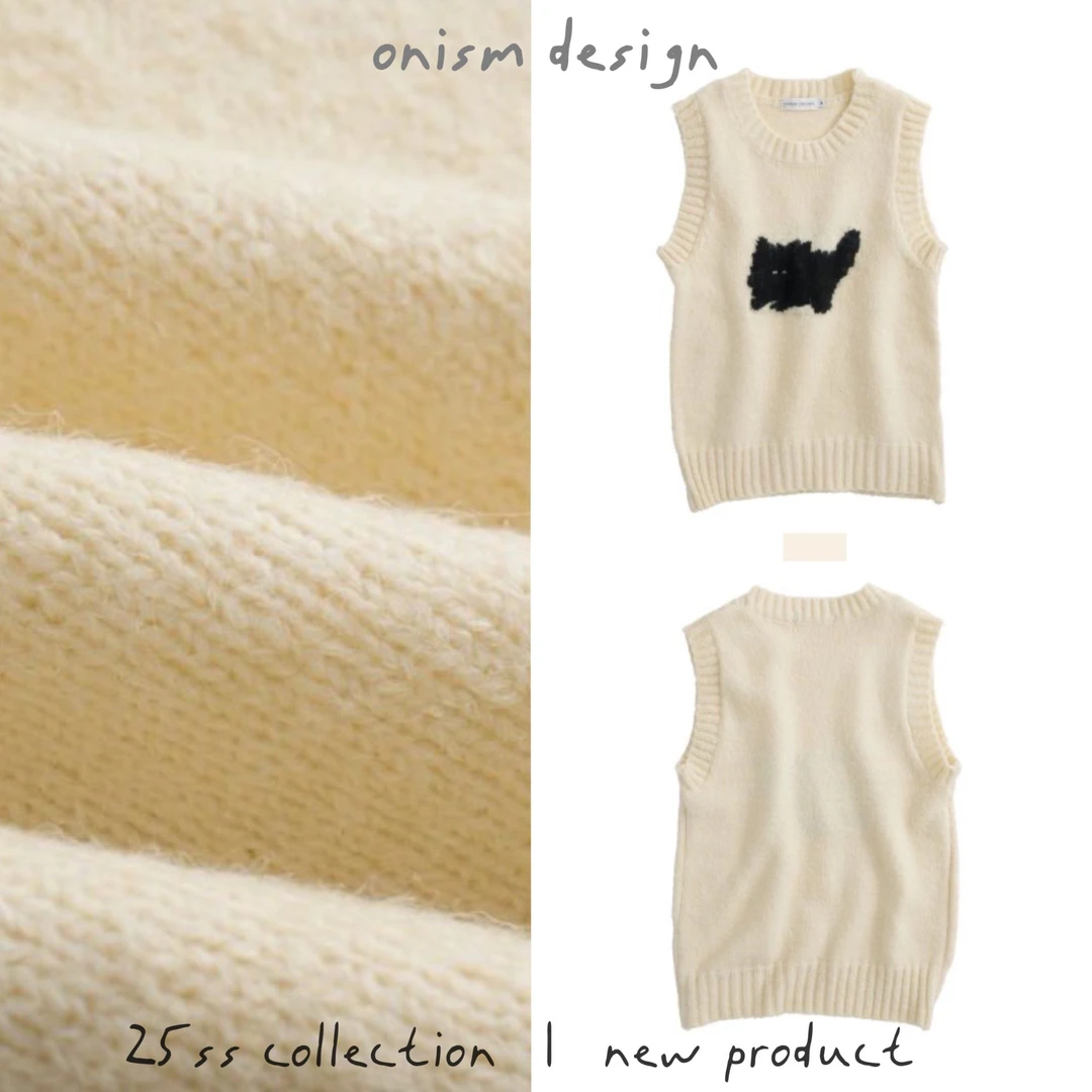 “炸毛儿”童趣羊毛撞色小猫提花春季背心叠穿圆领针织无袖马甲上衣