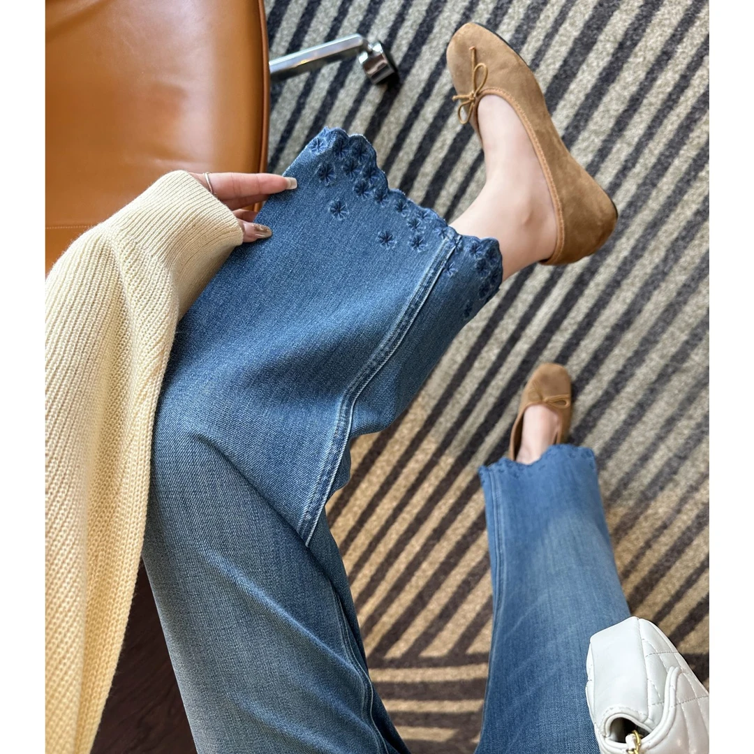 设计感花边刺绣直筒牛仔裤女2025秋新款小个子高腰九分阔腿九分裤