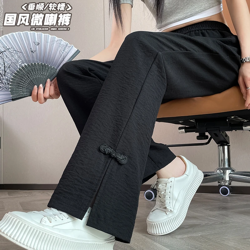 2025新款亚麻国风微喇裤子女夏季薄款棉麻新中式开叉冰丝喇叭裤女