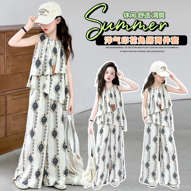 条纹印花2025新款女民族风沙滩女童时尚套装宽松网红夏季两件套潮