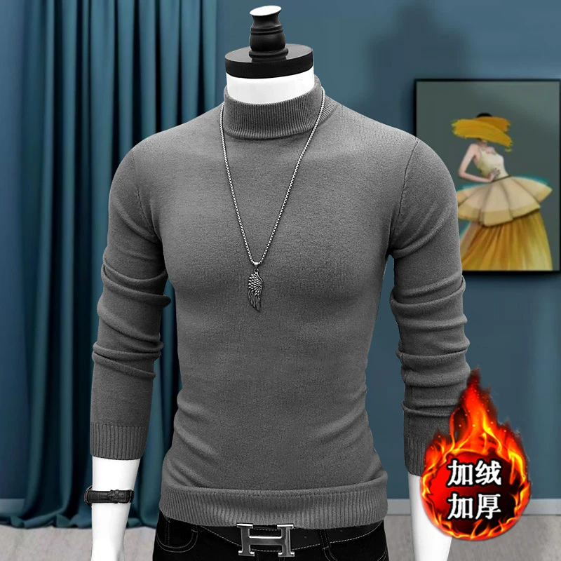 新款男士半高领毛衣加绒加厚保暖内搭高级灰色青年韩版针织打底衫