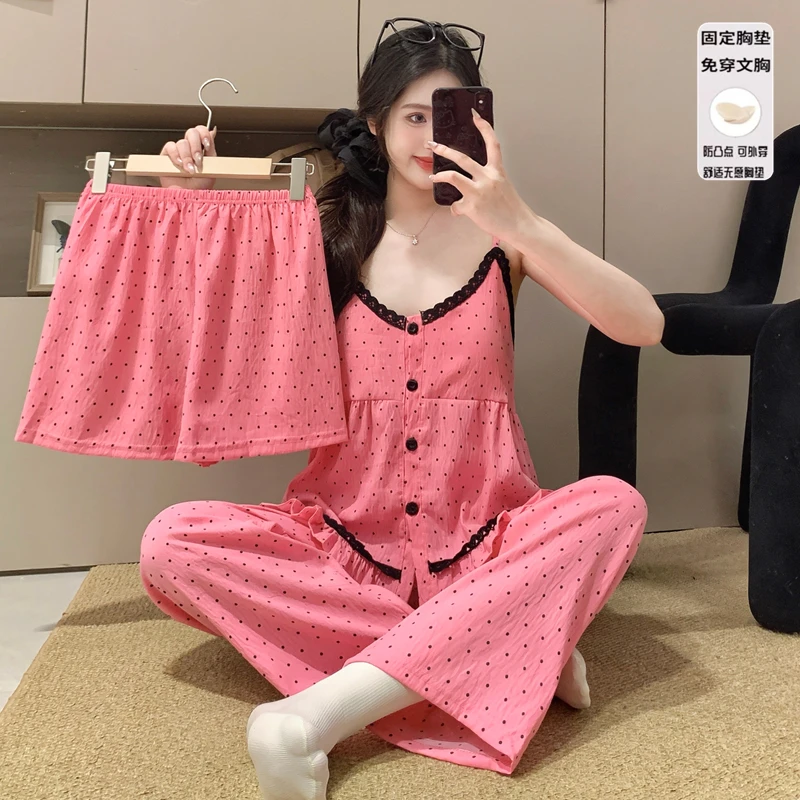 新款三件套吊带睡衣女夏季甜美性感开衫带胸垫红色波点家居服套装