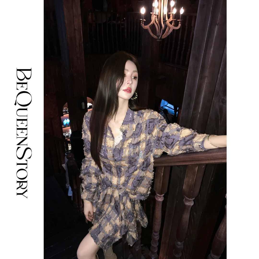 余潇潇【千禧回忆】复古松弛感独特格纹翻领烫钻衬衫&不规则短裙