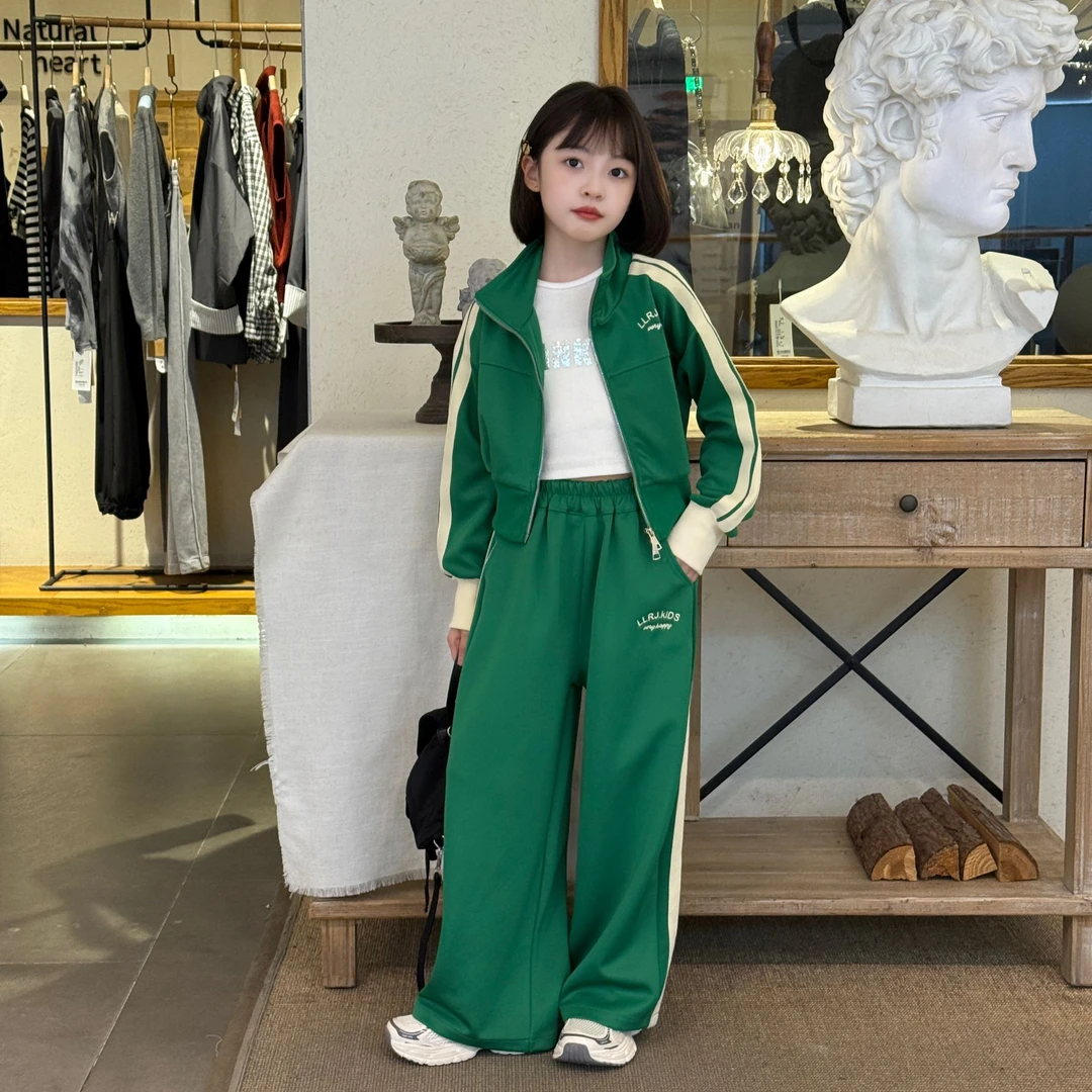 女大童美式双拉链拼色侧边拉条运动套装2025洋气棒球服阔腿裤两件