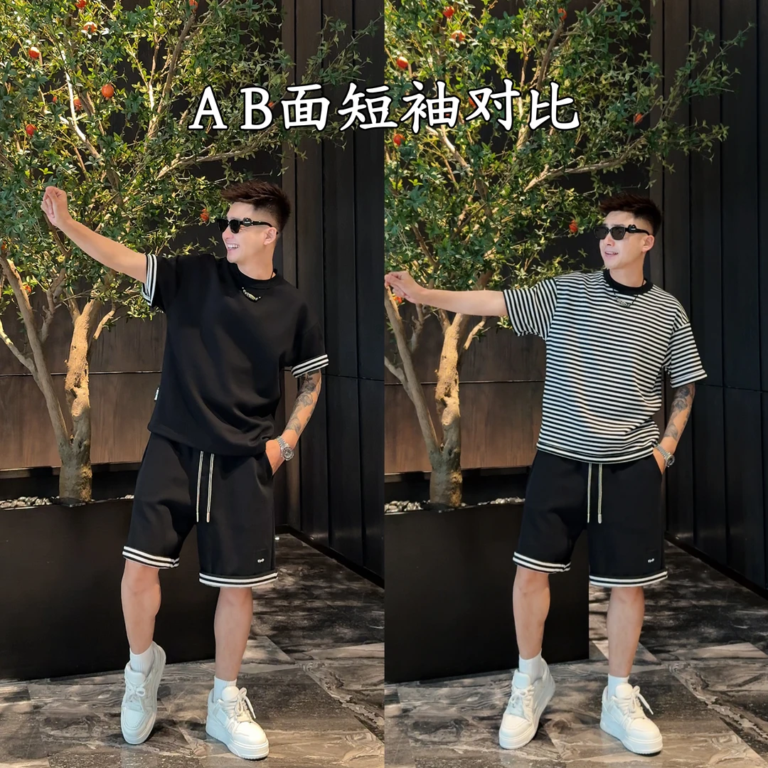 【语乐3店】25825双面穿织花运动套装夏季重磅条纹/豹纹短袖T恤短裤