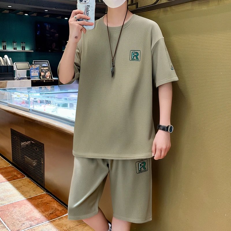 男士速干透气潮牌刺绣宽松跑步透气搭配一套夏季薄款休闲运动套装