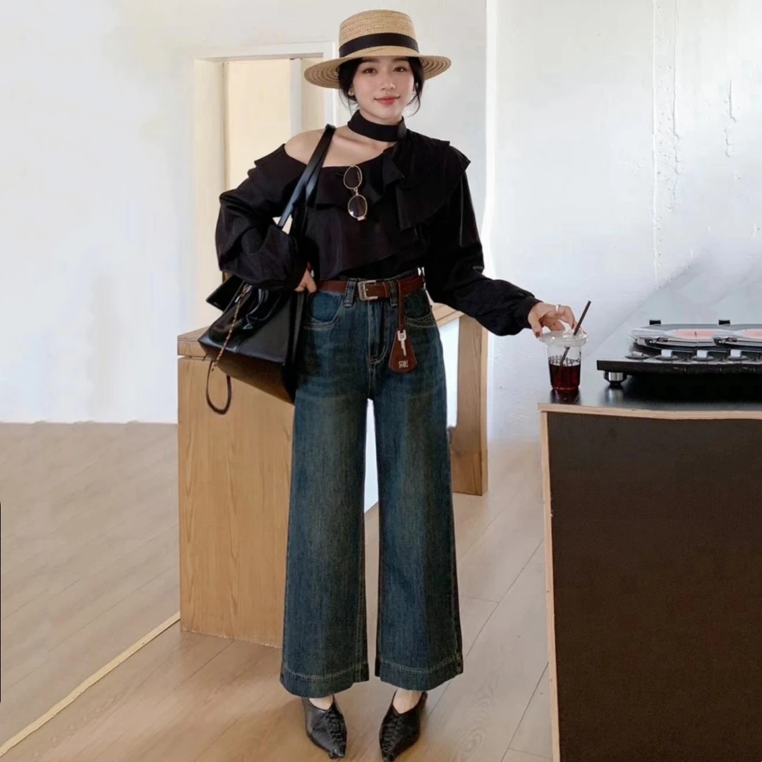 【送腰带】九分减龄阔腿牛仔裤女复古高腰宽松显瘦小个子直筒裤
