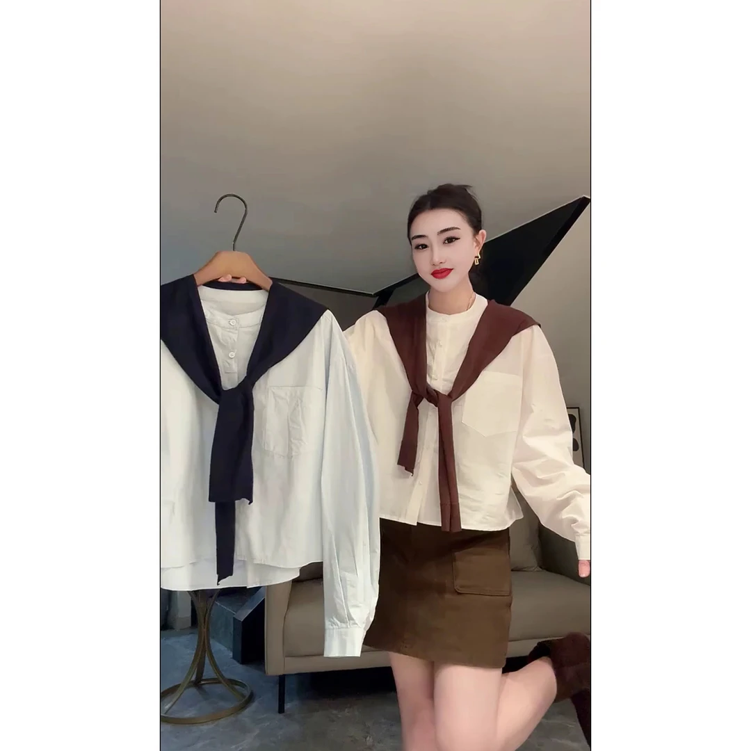 披肩衬衫圆领常规袖长袖常规款衬衫设计感小众嬉皮部落风宽松百搭