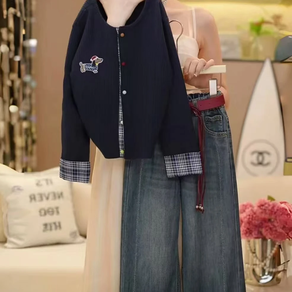 女童秋季学院风毛衣拼接毛针织衫牛仔裤套装中大童2025新款秋装潮