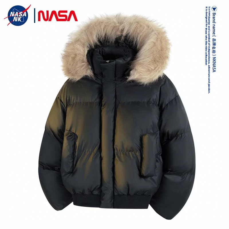 NASA联名美式简约可拆卸毛领连帽棉衣外套男士冬季加绒保暖面包服