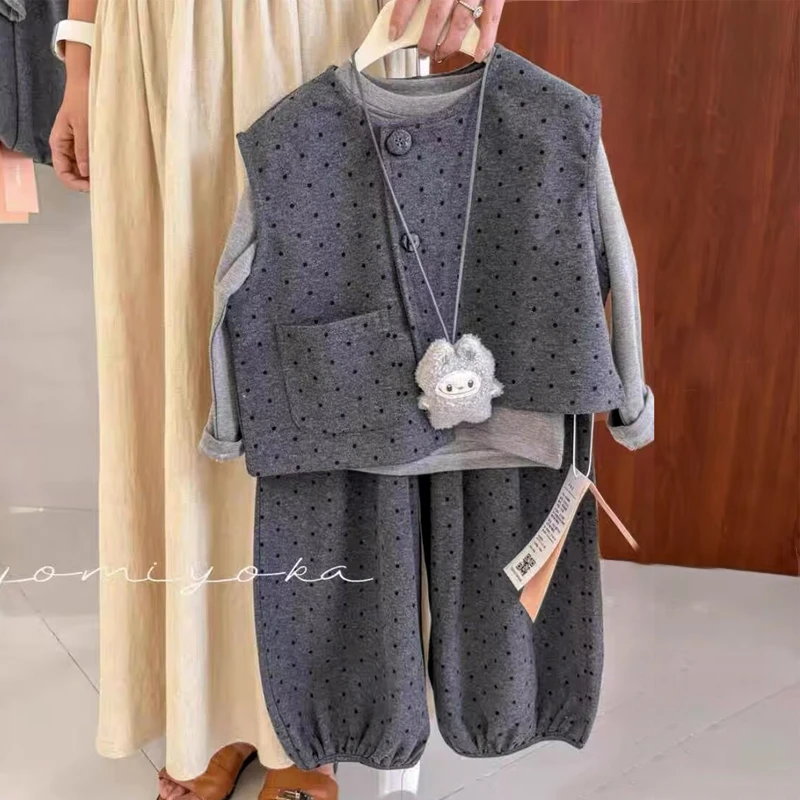 女童秋款套装2025新款宝宝儿童韩版时尚波点马甲灯笼裤洋气三件套