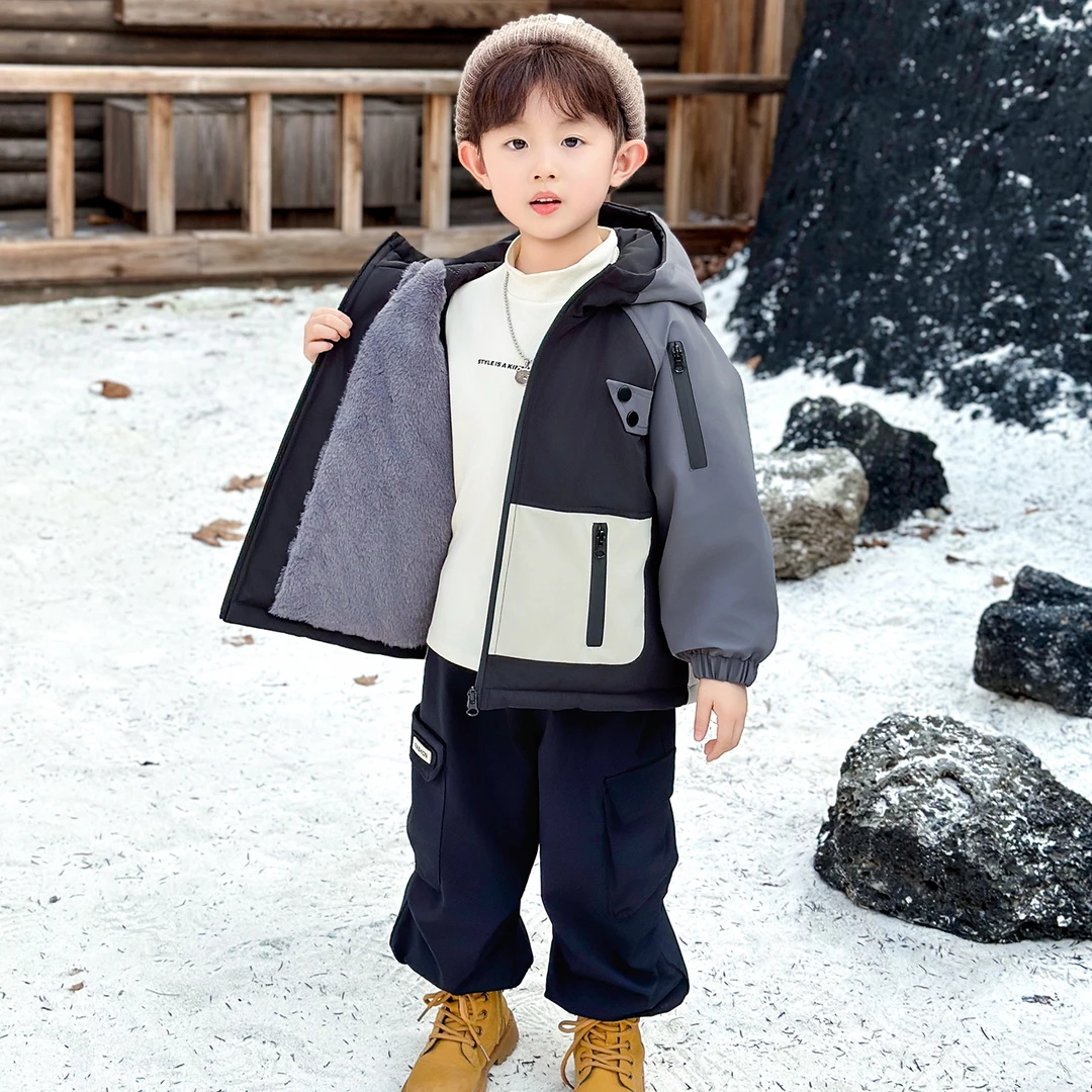 男童加绒外套儿童秋冬装加厚派克服洋气新款潮男孩冬季保暖棉服潮