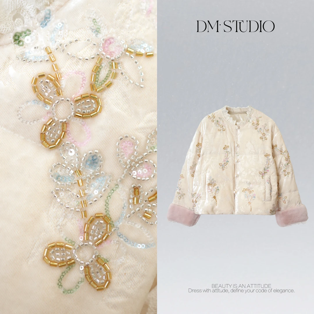DEDM•STUDIO/新中式小众复古国风提花水貂毛袖鹅绒服2512YRF/033