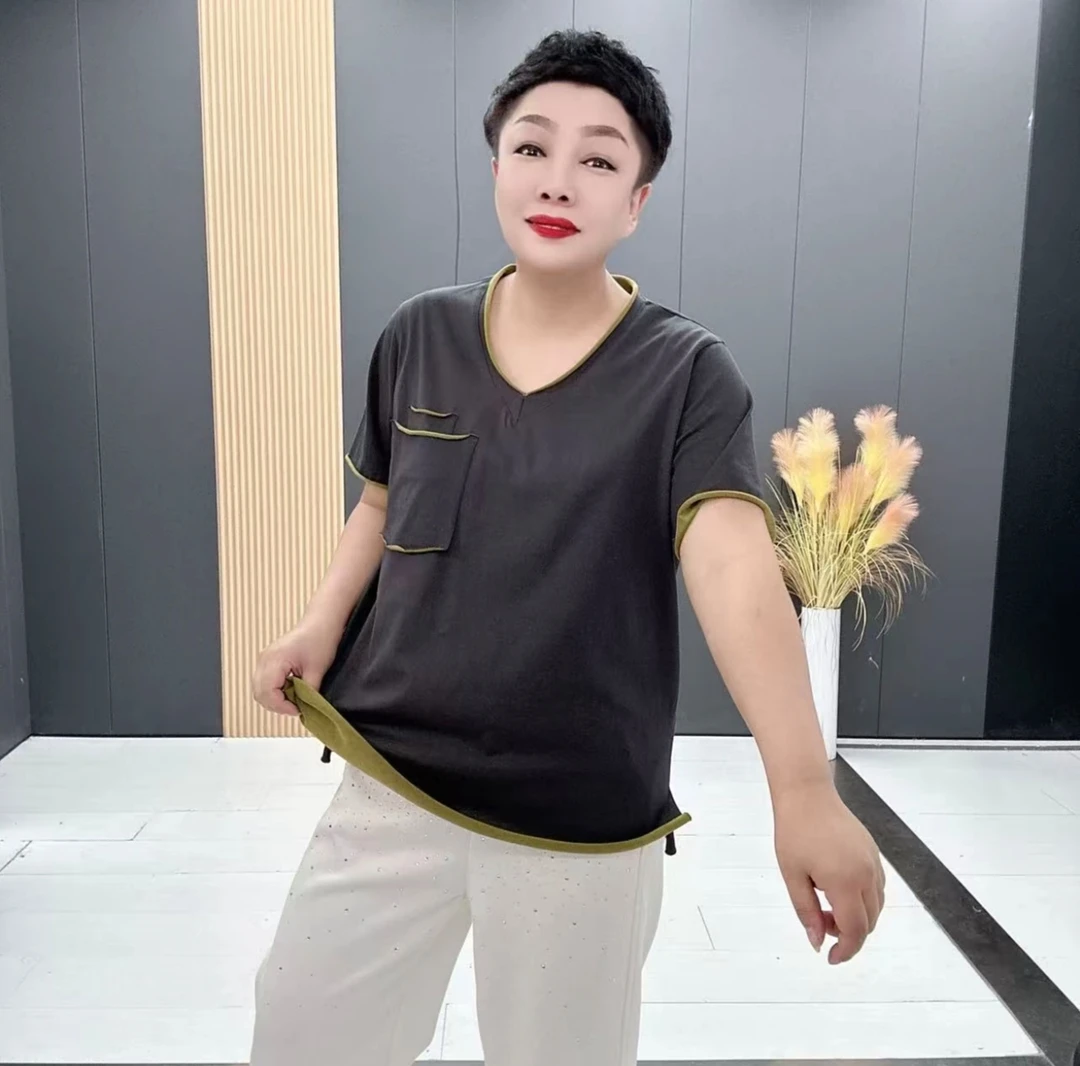 2627大码撞色V领时尚百搭显瘦卷边半袖衫