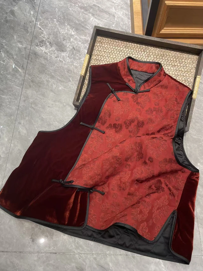 谢美丽-精选【年服】气质丝绒拼接橘红国风显白马甲