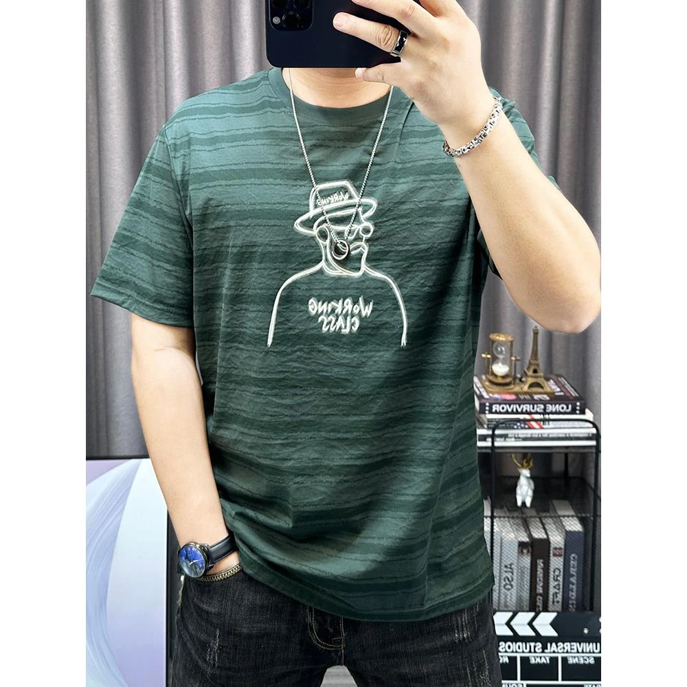 天丝棉麻短袖t恤男2025夏季新款条纹印花上衣休闲透气麻料体恤潮