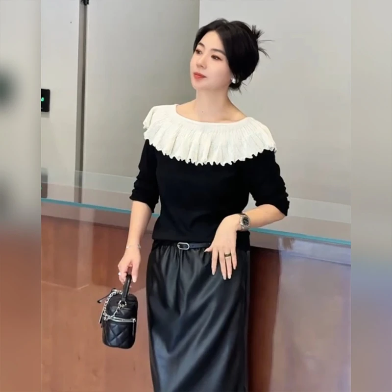 微胖巨好看假两件荷叶边一字肩长袖针织衫女秋季大码显瘦气质上衣