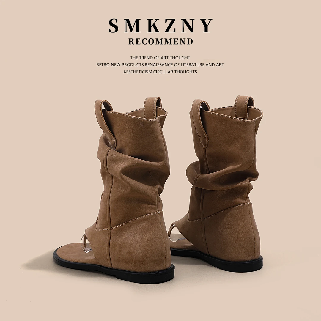 欧货爆款复古夹趾凉靴2025新款夏季百搭坡跟内增高夹脚凉鞋-62-31