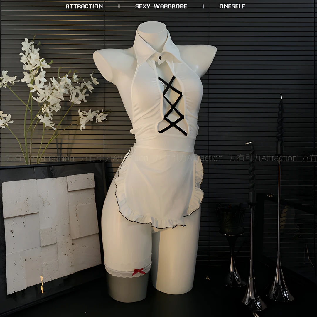 万有引力【风情厨娘】性感辣妹收腰纯欲套装连衣裙白蕾丝洛丽塔睡裙