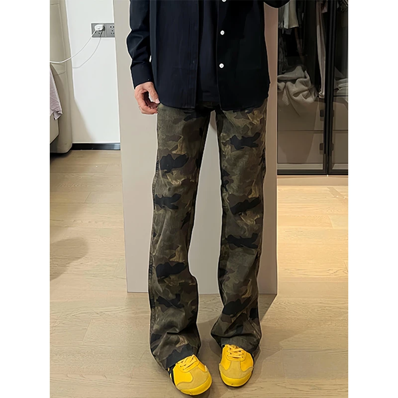 美式高街迷彩牛仔裤男款秋季修身vibe裤子cleanfit提裆弯刀微喇裤