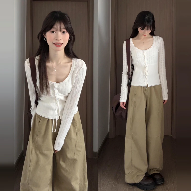 白色u领镂空长袖针织衫女秋季2025新款韩系chic别致穿搭短款上衣