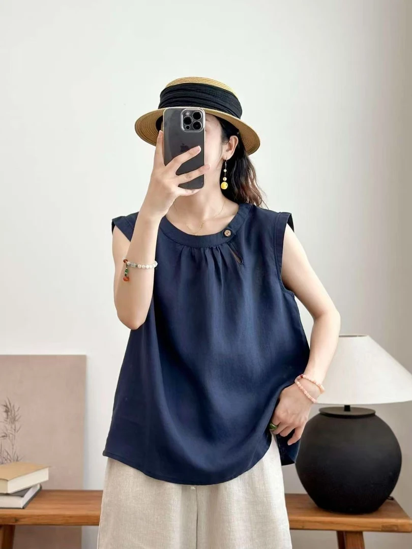 【25125】新款简约圆领100%亚麻文艺休闲显瘦百搭纯色飞飞袖女T恤衫