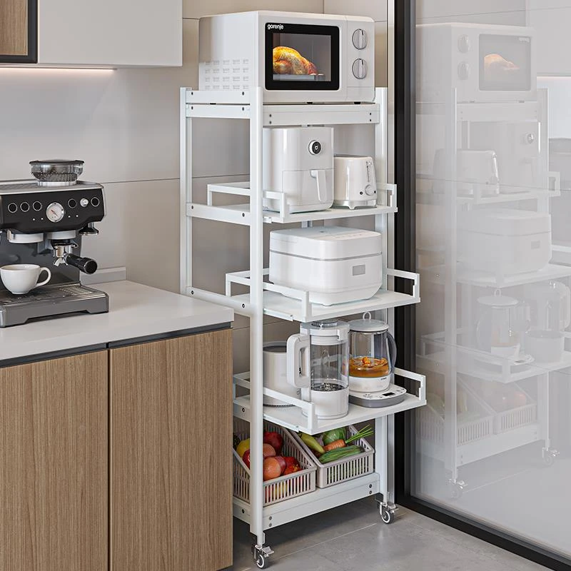 厨房锅架置物架落地多层家用抽拉式放微波炉小家电锅具收纳架带轮