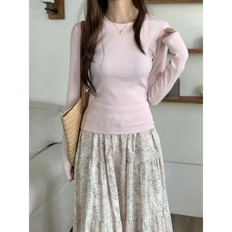 短款螺纹内搭粉色显瘦长袖T恤复古打底衫圆领气质纯欲慵懒风女装