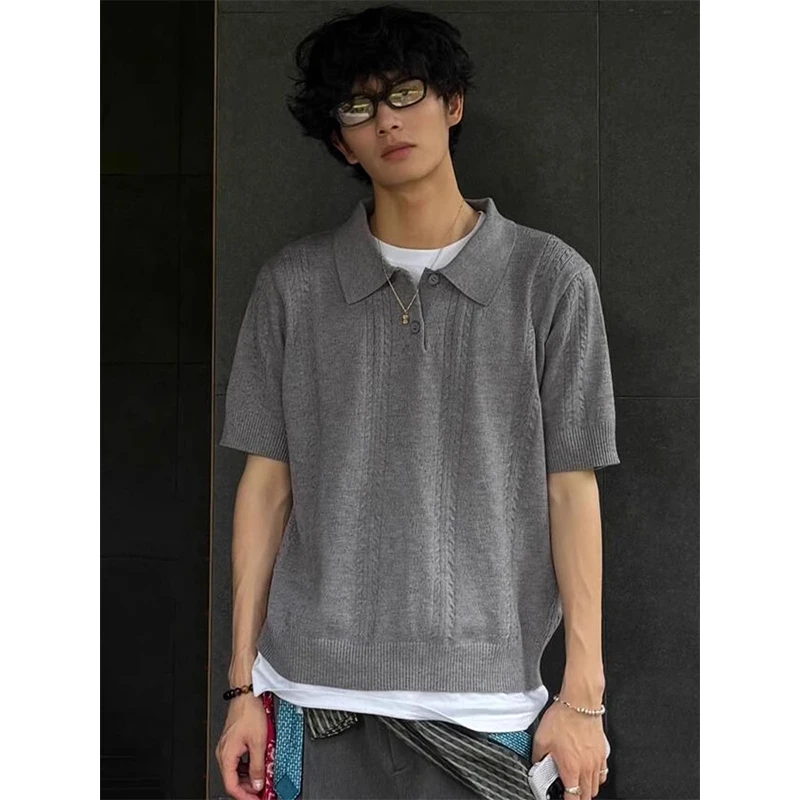 深灰色麦穗纹polo领针织短袖男夏季美式重磅正肩t恤潮牌修身半袖