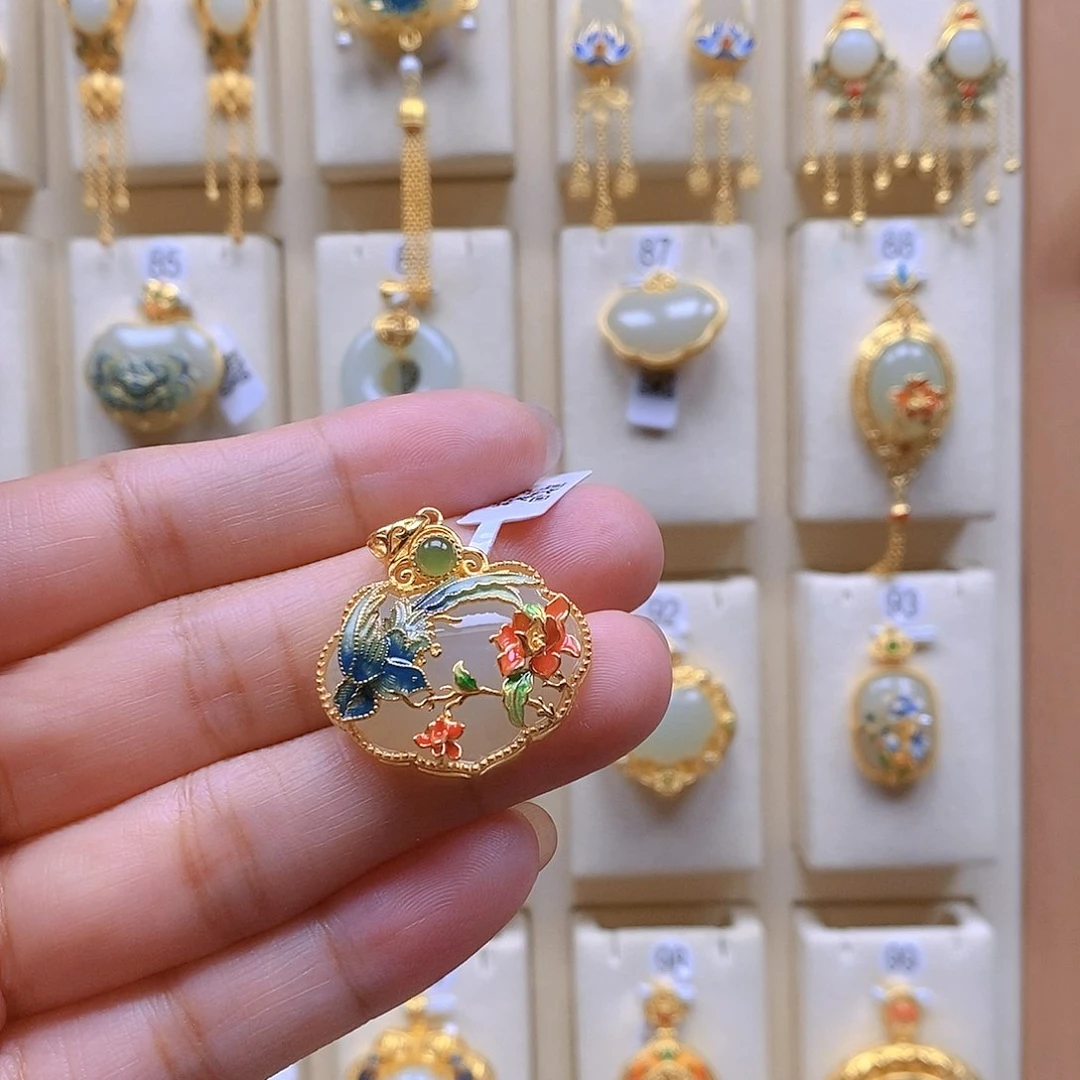 和田玉颈饰银S925镀金镶嵌