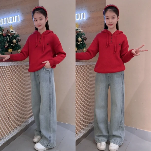 连帽毛衣冬装女童洋气韩版加绒加厚毛衣牛仔裤春秋显瘦针织衫外套