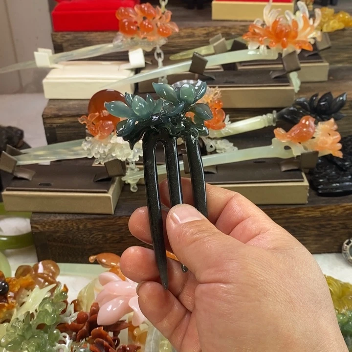 绿***海蛇纹石玉合金发饰