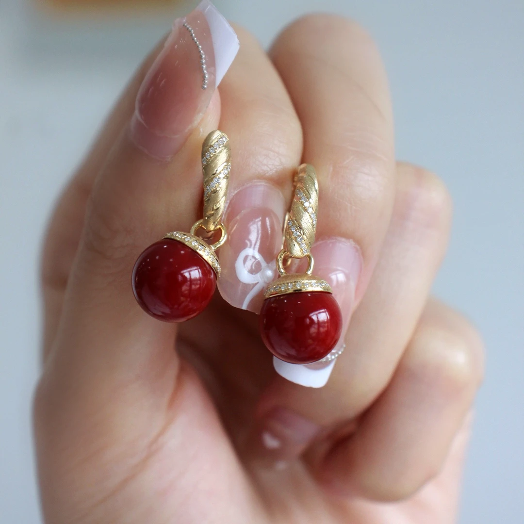 阿卡珊瑚圆珠红色耳环复古耳环