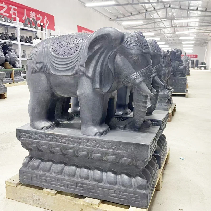 石雕石材青石富贵象一对门口原石雕刻象看门天然青石大象摆件庭院