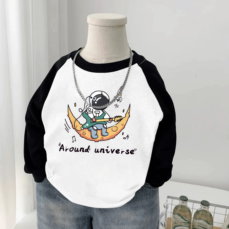 男童宇航员圆领衣服春秋季儿童长袖男孩纯棉T恤中大童插肩袖童装