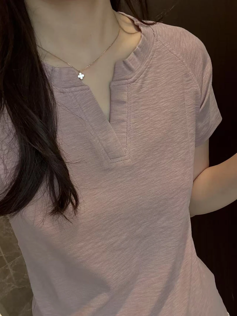 P&C studio 莫代尔V领纯色插肩袖T恤