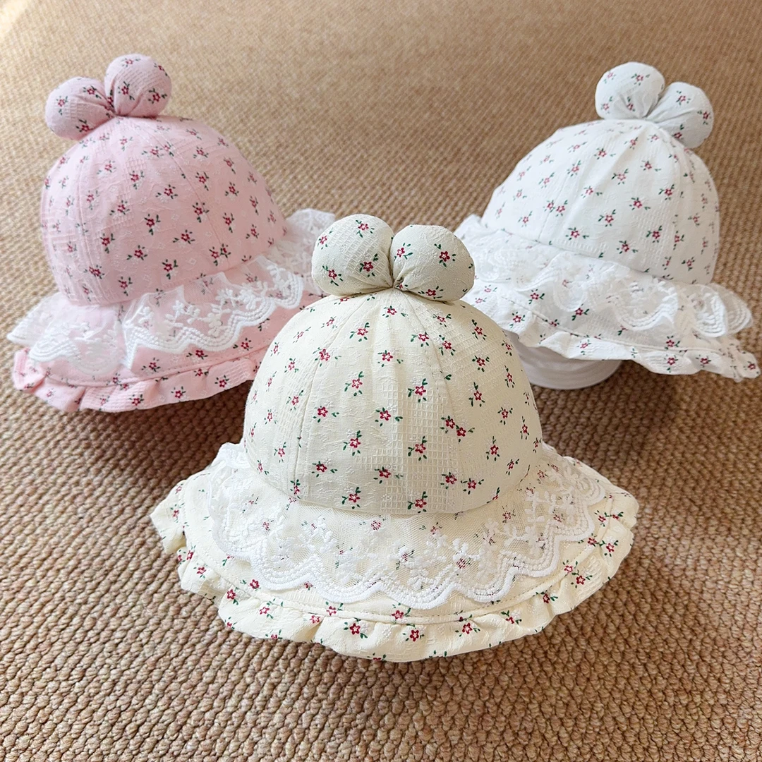 女宝宝帽子碎花蝴蝶结春夏天女童遮阳洋气蕾丝小女孩公主渔夫盆帽