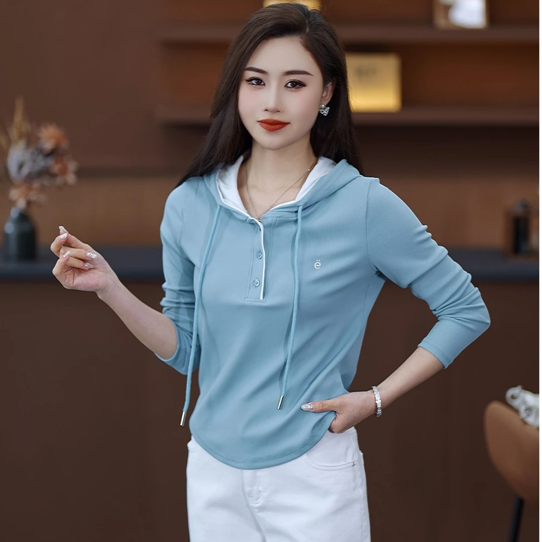 连帽长袖t恤女短款上衣2025春秋显瘦洋气薄款卫衣打底帽衫潮
