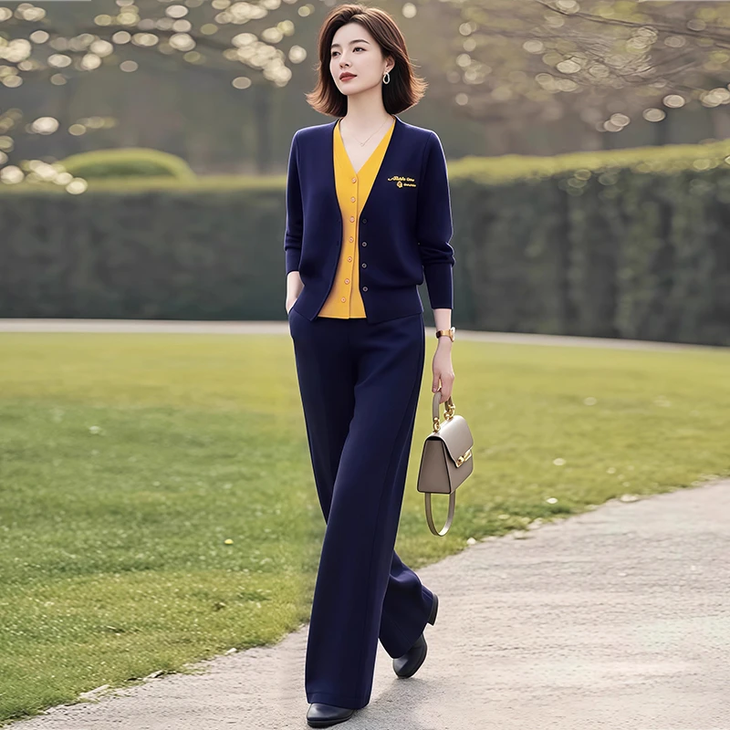 时尚休闲套装女2025春秋新款撞色假两件长袖开衫直筒阔腿裤两件套