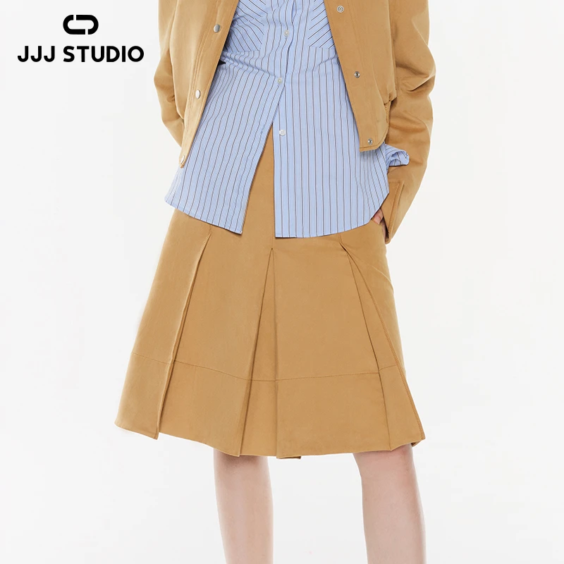 JJJ STUDIO 卡其色麂皮绒纹理褶裥立体半身裙女JKWFA1Q229