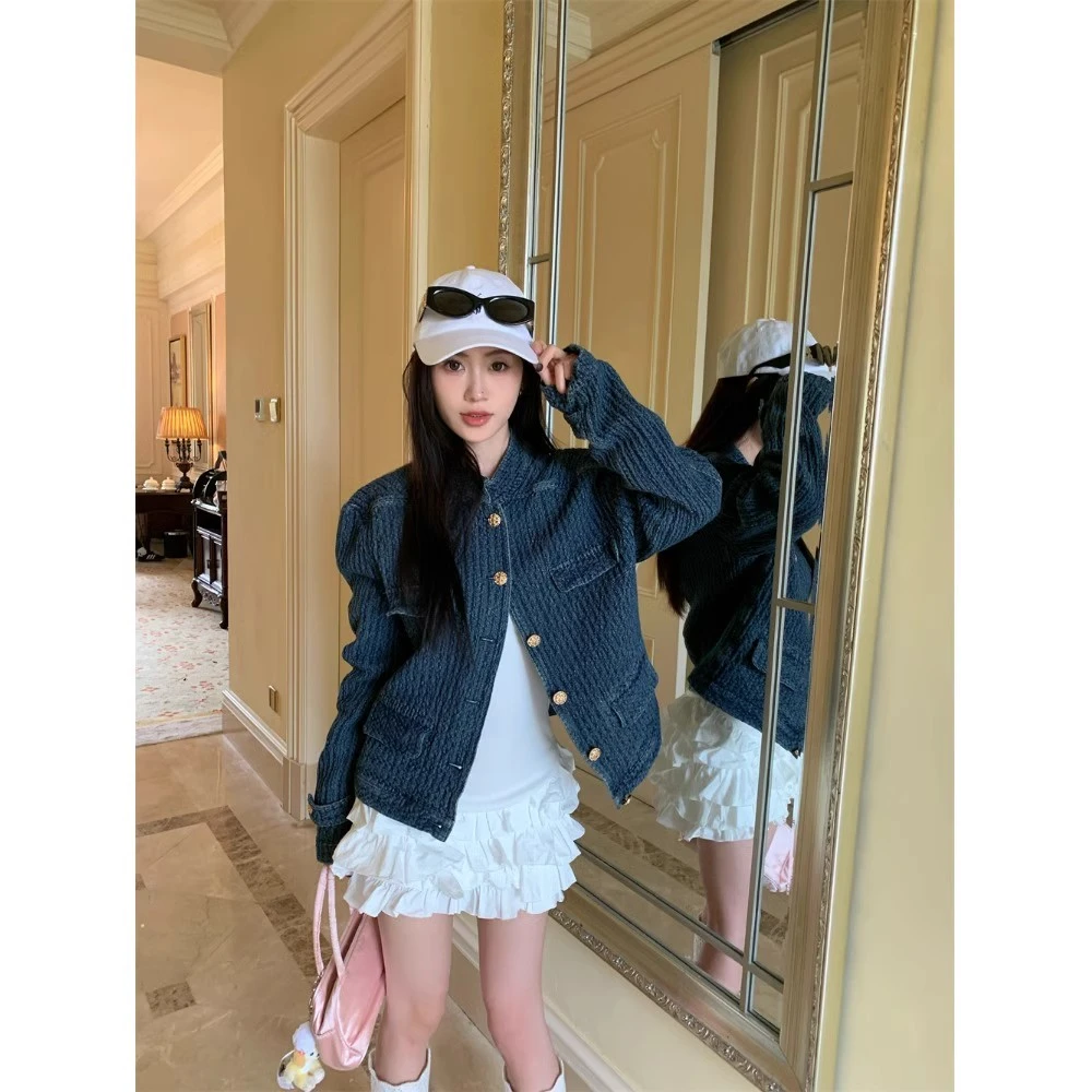 老钱风松弛感女装小香风复古蓝色牛仔外套女装春季高级感宽松夹克