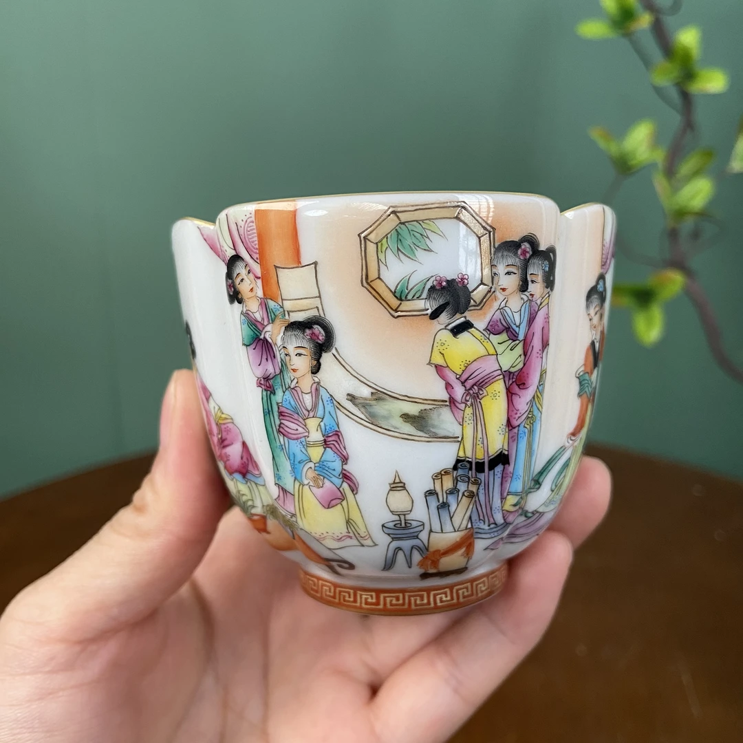 【鸿均堂】精工粉彩人物十二金钗花口杯 景德镇纯手工手绘茶器茶具