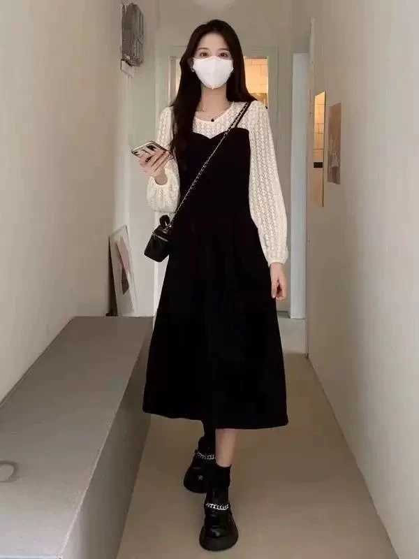 HYF大码法式蕾丝拼接长袖连衣裙女春秋新款小个子收腰显瘦长裙