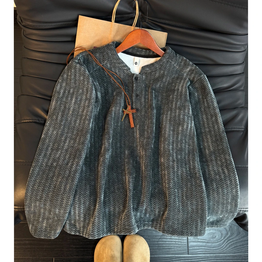 美式复古鱼骨纹亨利领加绒卫衣秋冬男女保暖长袖T恤小香风打底衫