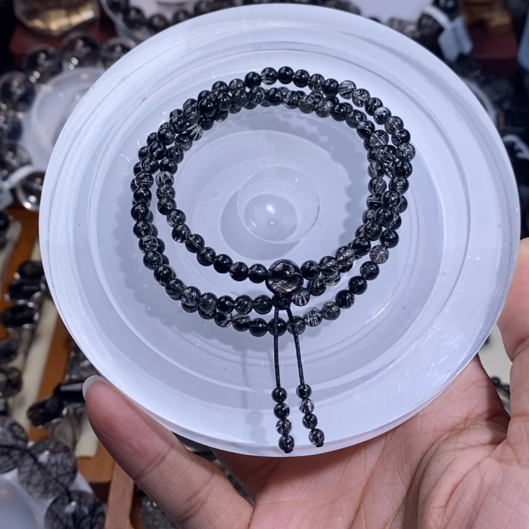水晶手链未镶嵌黑发晶4+mm全透体蕾丝多圈设计款